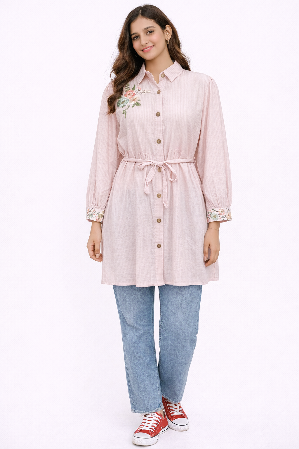 Cotton Asymmetrical Shirt Dress with Embroidered Lace Detailing