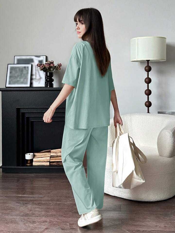 Solid Color Drop Shoulder T-Shirt With Loose Fit Casual Outfit Set