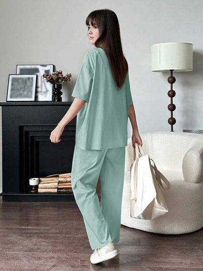 Solid Color Drop Shoulder T-Shirt With Loose Fit Casual Outfit Set