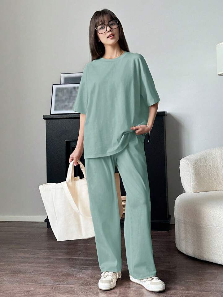 Solid Color Drop Shoulder T-Shirt With Loose Fit Casual Outfit Set