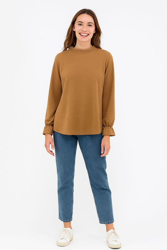 Textured Brown Long Sleeve Everyday Women’s Top