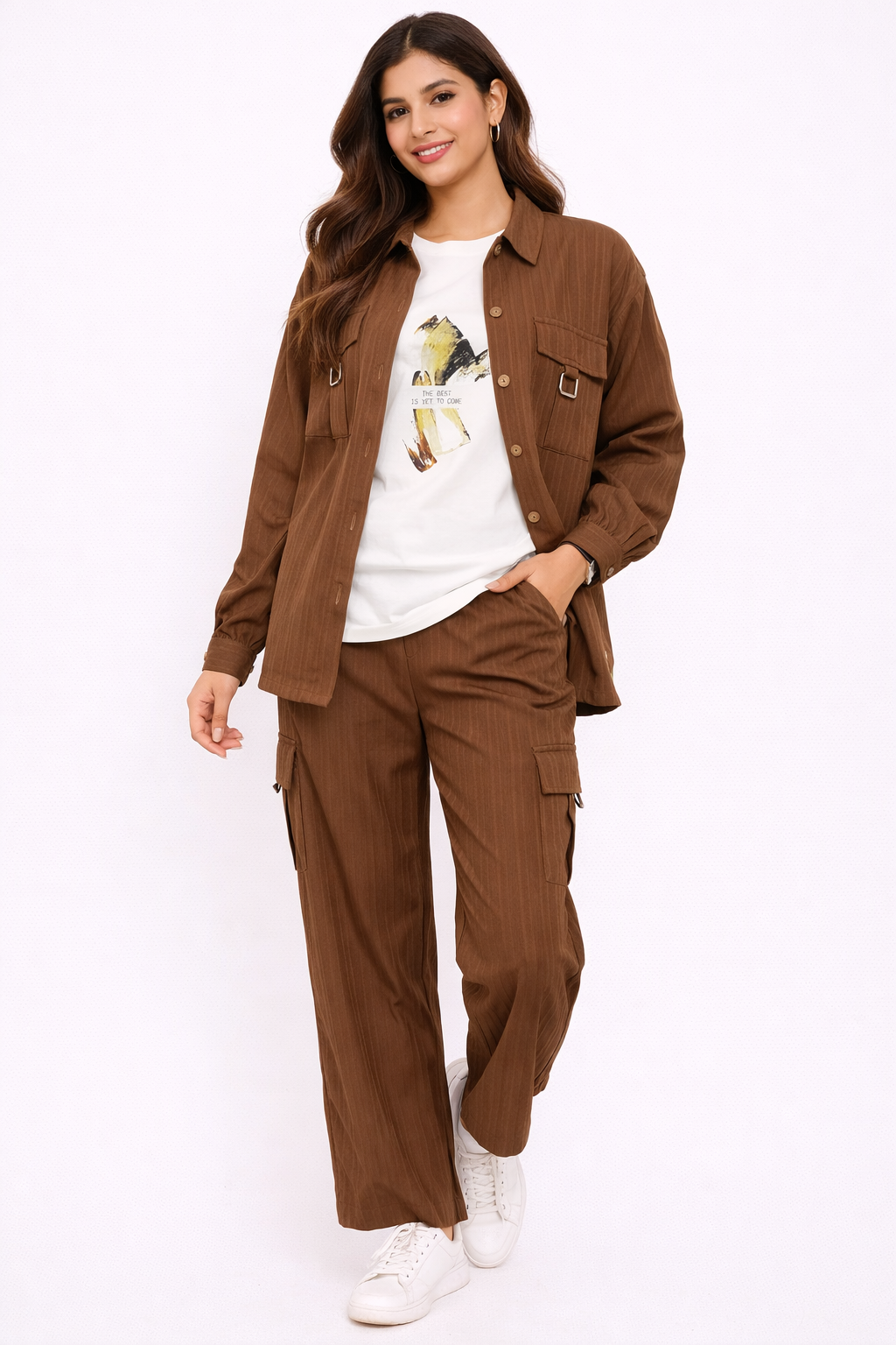 Women’s Trendy Brown Cargo Co-Ord Set with Pockets