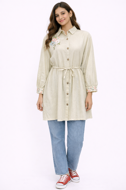 Cotton Asymmetrical Shirt Dress with Embroidered Lace Detailing