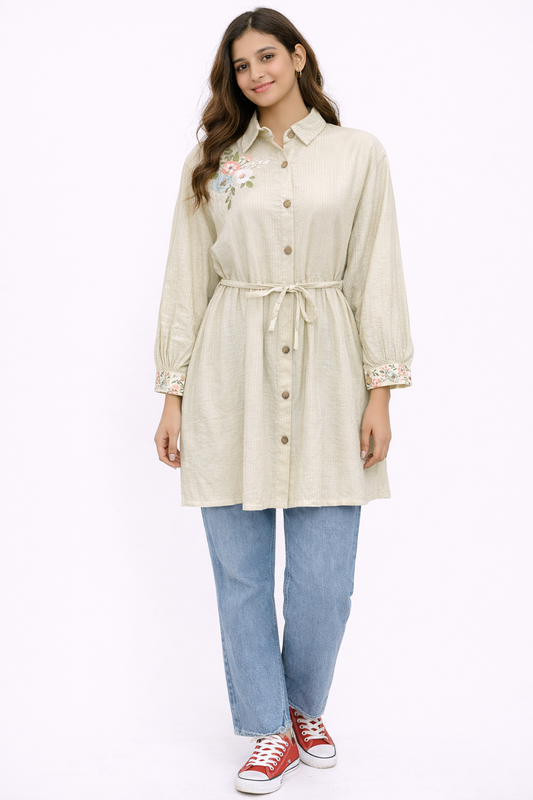 Cotton Asymmetrical Shirt Dress with Embroidered Lace Detailing