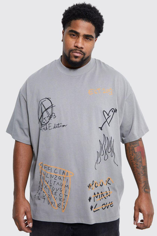 Plus Oversized Extended Neck Graffiti T-shirt